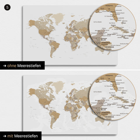 Mappa del mondo multicolore beige con profondità marine bidimensionali