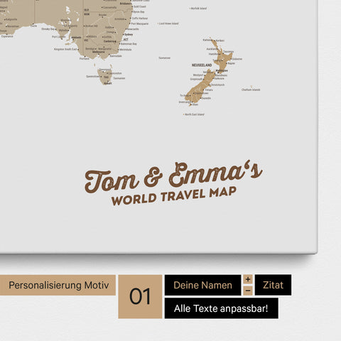 Mappa del mondo come Mappa per puntine su tela multicolore beige con personalizzazione e stampa del tuo nome