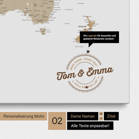 Mappa del mondo personalizzata come Mappa per puntine su tela multicolore beige con nomi stampati e una legenda per segnare i luoghi visitati