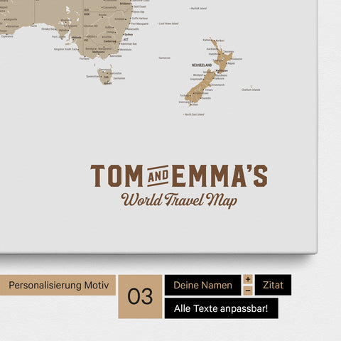 Personalizzazione di una Mappa per puntine del mondo multicolore beige con un logo in stile vintage, in cui è possibile modificare i nomi e la sottolinea "World Travel Map"