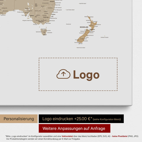 Mappa del mondo come Mappa da puntine in verde oliva, sulla quale può essere stampato un logo aziendale e possono essere effettuate ulteriori personalizzazioni come realizzazioni su misura