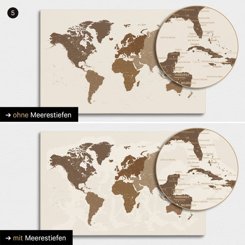 Mappa del mondo multicolore marrone con profondità marine bidimensionali