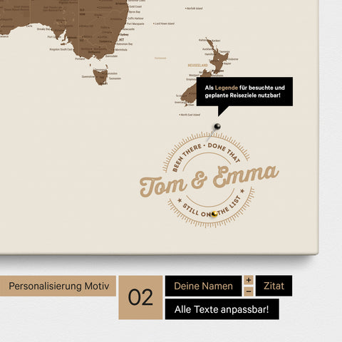 Mappa del mondo personalizzata come Mappa per puntine su tela multicolore marrone con nomi stampati e una legenda per segnare i luoghi visitati