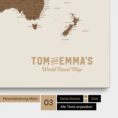 Personalizzazione di una Mappa per puntine del mondo multicolore marrone con un logo in stile vintage, in cui è possibile modificare i nomi e la sottolinea "World Travel Map"