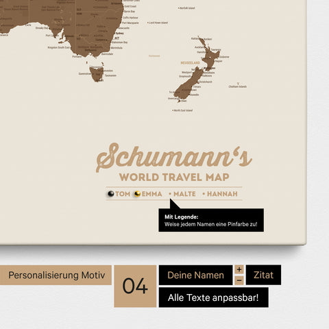 Mappa per puntine su tela di una mappa del mondo in marrone multicolore con personalizzazione come logo con cognome e legenda