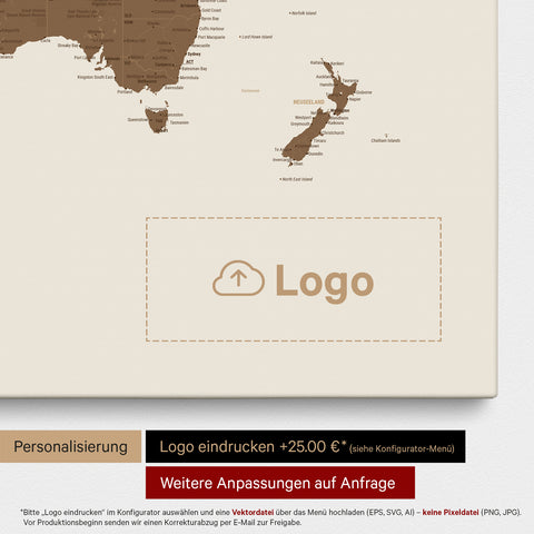 Mappa del mondo come Mappa da puntine in Multicolor Brown, sulla quale può essere stampato un logo aziendale e possono essere effettuate ulteriori personalizzazioni come realizzazioni su misura