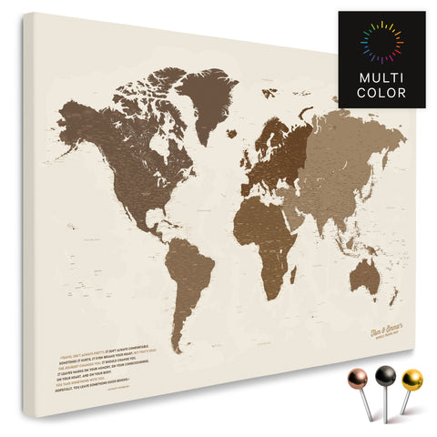 Mappa del mondo di alta qualità in marrone multicolore come tela da appuntare, perfetta per segnare e pianificare viaggi, acquista
