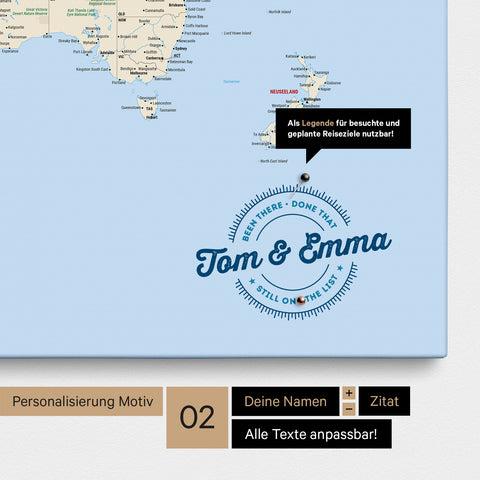 Mappa del mondo personalizzata come Mappa per puntine su tela multicolore, atlante con nomi stampati e una legenda per segnare i luoghi visitati