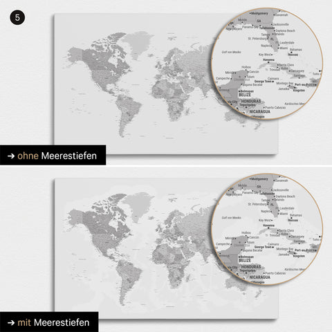 Mappa del mondo multicolore grigia con profondità marine bidimensionali