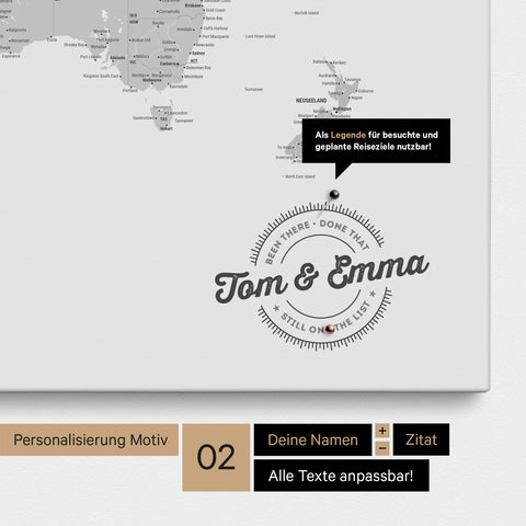 Mappa del mondo personalizzata come Mappa per puntine su tela multicolore grigia con nomi stampati e una legenda per segnare i luoghi visitati