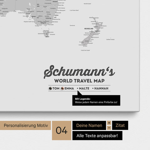 Mappa per puntine tela di una mappa del mondo in grigio multicolore con personalizzazione come logo con cognome e legenda