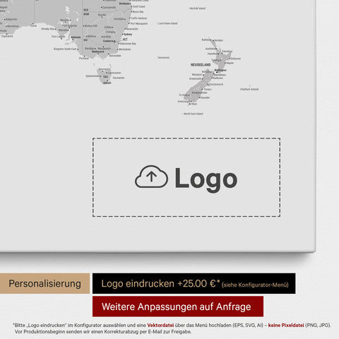 Weltkarte als Pinn-Leinwand in Oliv-Grün, auf die ein Firmenlogo eingedruckt werden kann und weitere Individualisierungen als Sonderanfertigung vorgenommen werden können
