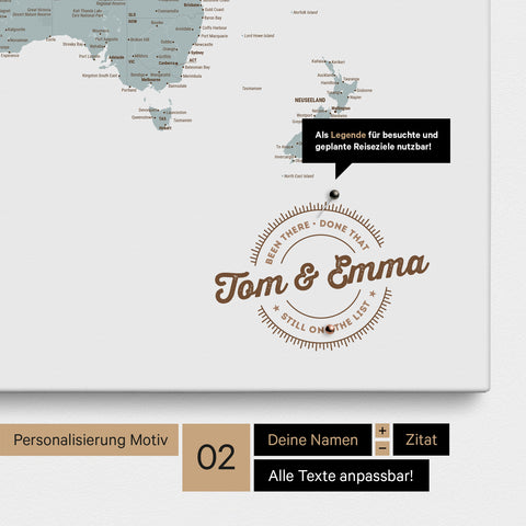 Mappa del mondo personalizzata come Mappa per puntine su tela multicolore chiara con nomi stampati e una legenda per segnare i luoghi visitati