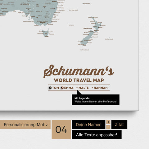 Mappa per puntine su tela di una mappa del mondo in Multicolor Light con personalizzazione come logo con cognome e legenda