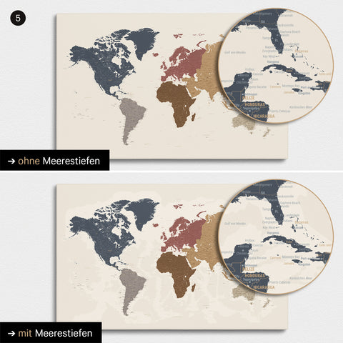 Mappa del mondo multicolore opaca con profondità marine bidimensionali