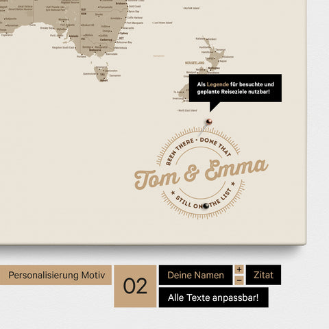 Mappa del mondo personalizzata come Mappa per puntine su tela multicolore opaca con nomi stampati e una legenda per segnare i luoghi visitati