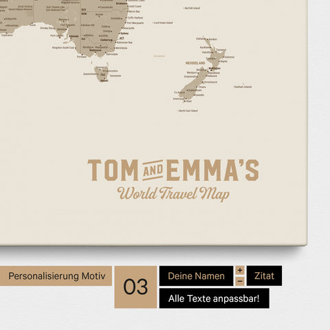 Personalizzazione di una Mappa per puntine del mondo multicolore opaca con un logo in stile vintage, in cui è possibile modificare i nomi e la sottolinea "World Travel Map"