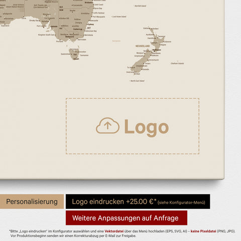 Mappa del mondo come Mappa da puntine multicolore opaca, sulla quale può essere stampato un logo aziendale e possono essere effettuate ulteriori personalizzazioni come produzione su misura