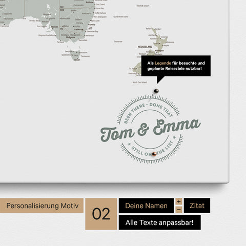 Mappa del mondo personalizzata come Mappa per puntine su tela multicolore salvia con nomi stampati e una legenda per segnare i luoghi visitati