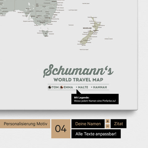 Mappa per puntine su tela di una mappa del mondo multicolore salvia con personalizzazione come logo con cognome e legenda