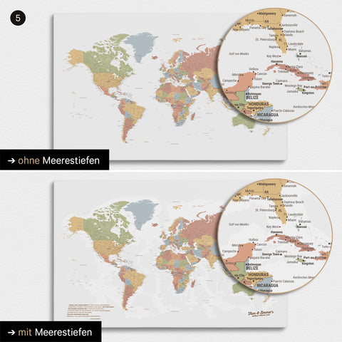 Mappa del mondo multicolore Siena con profondità marine bidimensionali