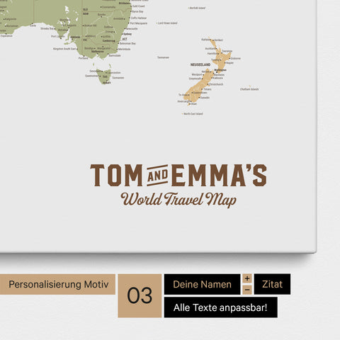 Personalizzazione di una Mappa per puntine del mondo multicolore Sienna con un logo in stile vintage, in cui è possibile modificare i nomi e la sottolinea "World Travel Map"