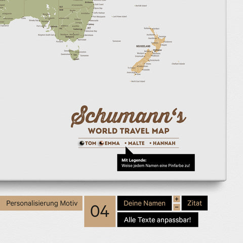 Mappa per puntine tela di una mappa del mondo in Multicolor Sienna con personalizzazione come logo con cognome e legenda