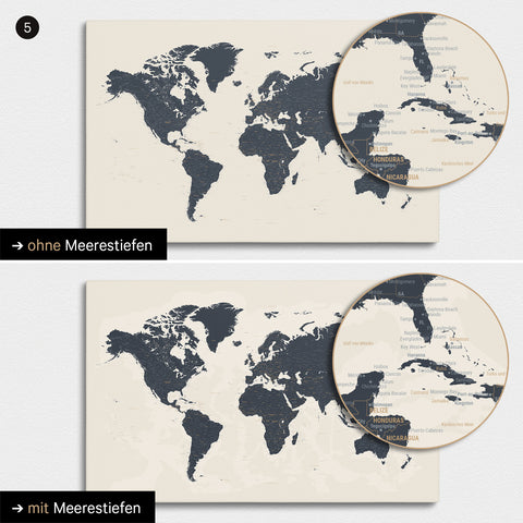 Mappa del mondo in Navy Light con profondità marine bidimensionali