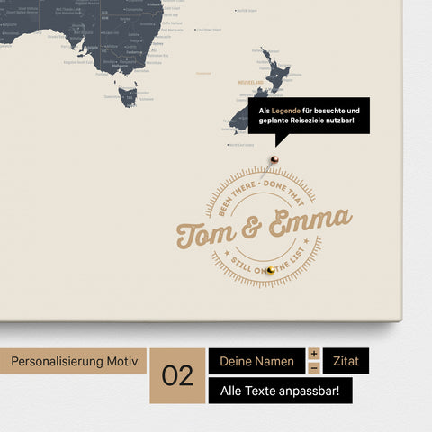 Mappa del mondo personalizzata come Mappa per puntine su tela Navy Light con nomi stampati e una legenda per segnare i luoghi visitati