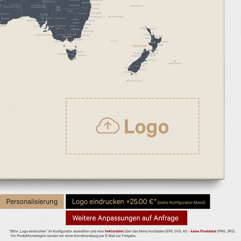 Mappa del mondo come Mappa da puntine in Navy Light, sulla quale può essere stampato un logo aziendale e possono essere effettuate ulteriori personalizzazioni come realizzazioni su misura