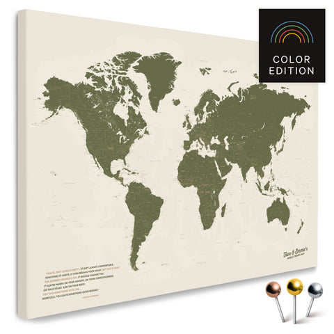 Mappa del mondo di alta qualità in verde oliva come tela da appuntare, perfetta per segnare e pianificare viaggi, acquista