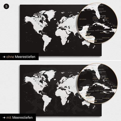 Mappa del mondo in bianco e nero con profondità marine bidimensionali