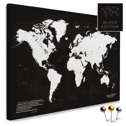 Mappa del mondo di alta qualità in bianco e nero come tela da appuntare, perfetta per segnare e pianificare viaggi, acquista