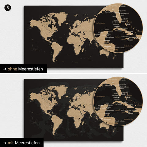 Mappa del mondo per puntine TRAVEL® – Sonar Black (Nero-oro)
