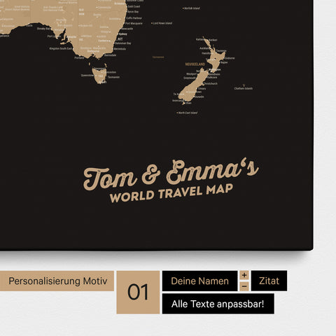 Mappa del mondo come Mappa per puntine su tela in Sonar Black (nero-oro) con personalizzazione e stampa dei tuoi nomi