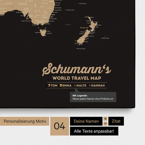Mappa per puntine su tela di una mappa del mondo in Sonar Black (nero-oro) con personalizzazione come logo con cognome e legenda