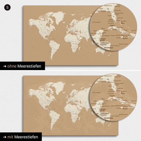 Weltkarte in Treasure Gold mit zweidimensionalen Meerestiefen