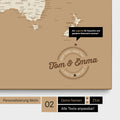 Mappa del mondo personalizzata come Mappa per puntine su tela in Oro Tesoro con nomi stampati e una legenda per segnare i luoghi visitati