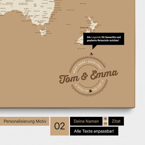 Mappa del mondo personalizzata come Mappa per puntine su tela in Oro Tesoro con nomi stampati e una legenda per segnare i luoghi visitati