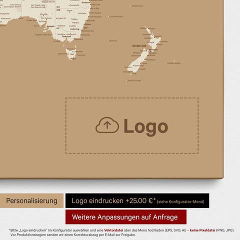 Weltkarte als Pinn-Leinwand in Treasure Gold, auf die ein Firmenlogo eingedruckt werden kann und weitere Individualisierungen als Sonderanfertigung vorgenommen werden können