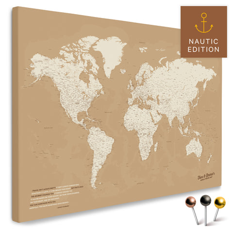 Mappa del mondo di alta qualità in Treasure Gold come tela da appuntare, perfetta per segnare e pianificare viaggi, acquista