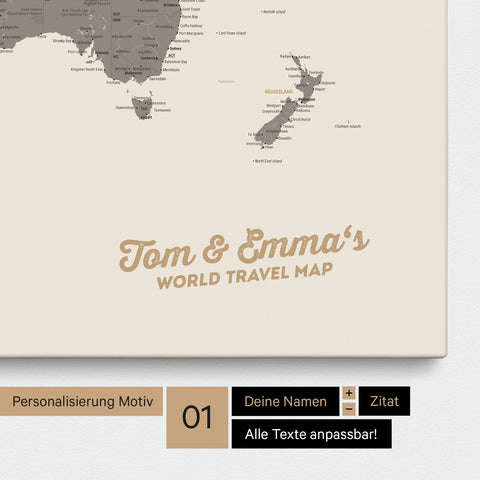 Mappa del mondo come Mappa per puntine su tela in Warmgray (marrone-grigio) con personalizzazione e stampa del tuo nome