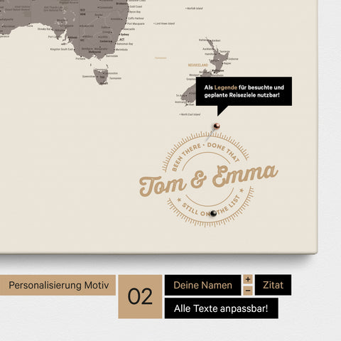 Mappa del mondo personalizzata come Mappa per puntine su tela in Warmgray (marrone-grigio) con nomi stampati e una legenda per segnare i luoghi visitati