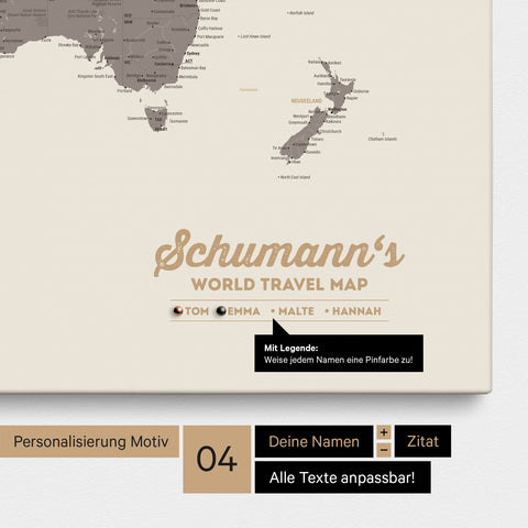 Mappa per puntine su tela di una mappa del mondo in Warmgray (marrone-grigio) con personalizzazione come logo con cognome e legenda