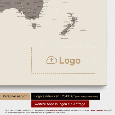 Mappa del mondo come Mappa da puntine in Warmgray (marrone-grigio), sulla quale può essere stampato un logo aziendale e possono essere effettuate ulteriori personalizzazioni come realizzazioni su misura