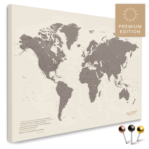 Mappa del mondo di alta qualità in Warmgray (marrone-grigio) come tela da appuntare, perfetta per segnare e pianificare viaggi, acquista