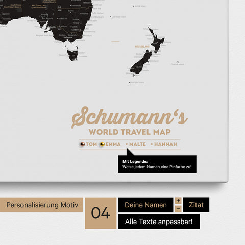 Mappa per puntine su tela di una mappa del mondo in Light Black (bianco nero) con personalizzazione come logo con cognome e legenda