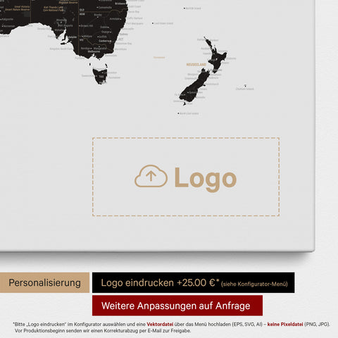 Mappa del mondo come Mappa da puntine in Light Black (bianco nero), su cui può essere stampato un logo aziendale e possono essere effettuate ulteriori personalizzazioni come realizzazioni su misura