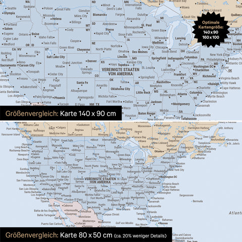 Confronto dimensioni di una mappa politica del mondo su tela nei formati 140 x 90 cm e 80 x 50 cm