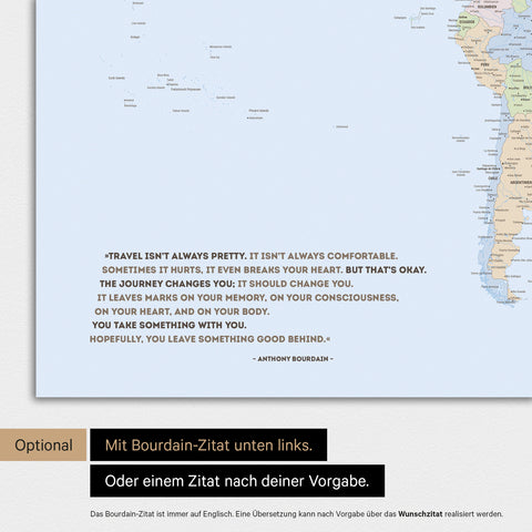 Mappa politica del mondo a colori multicolore Atlante con citazione stampata di Anthony Bourdain, che può essere sostituita con qualsiasi altra citazione durante la personalizzazione